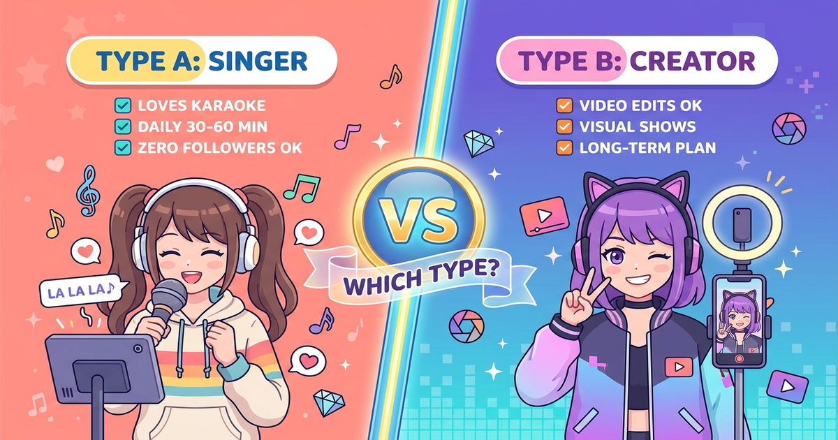 歌配信初心者タイプ別にColorSingとTikTok LIVEを判断するイメージ